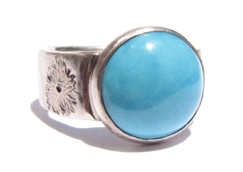 Großer Türkis Ring - Silber Edelstein Stapelbarer -Oxidierter Rustikaler -Statement Blumen Versandfertig von Ringsland