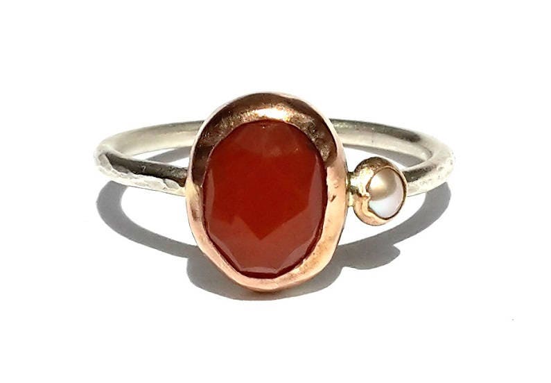 Rose Cut Karneol Perle Ring/Solid Gold Silber 2 Steine 14K Verlobungsring Roter von Ringsland