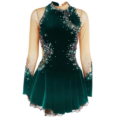 Rinkhockey Mädchen Damen Eiskunstlaufkleid, Elegant, Langärmelig, Handgefertigt, Atmungsaktiv, Trainingskleidung, Kostüme(Grün,XL) von Rinkhockey