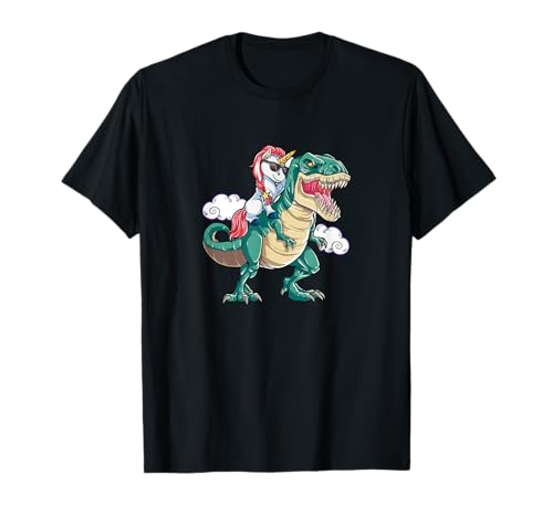 Einhorn reitet auf Dino lustiges Kinder Männer Frauen T-Shirt von Rinnass Einhorn Dino und Fabelwesen