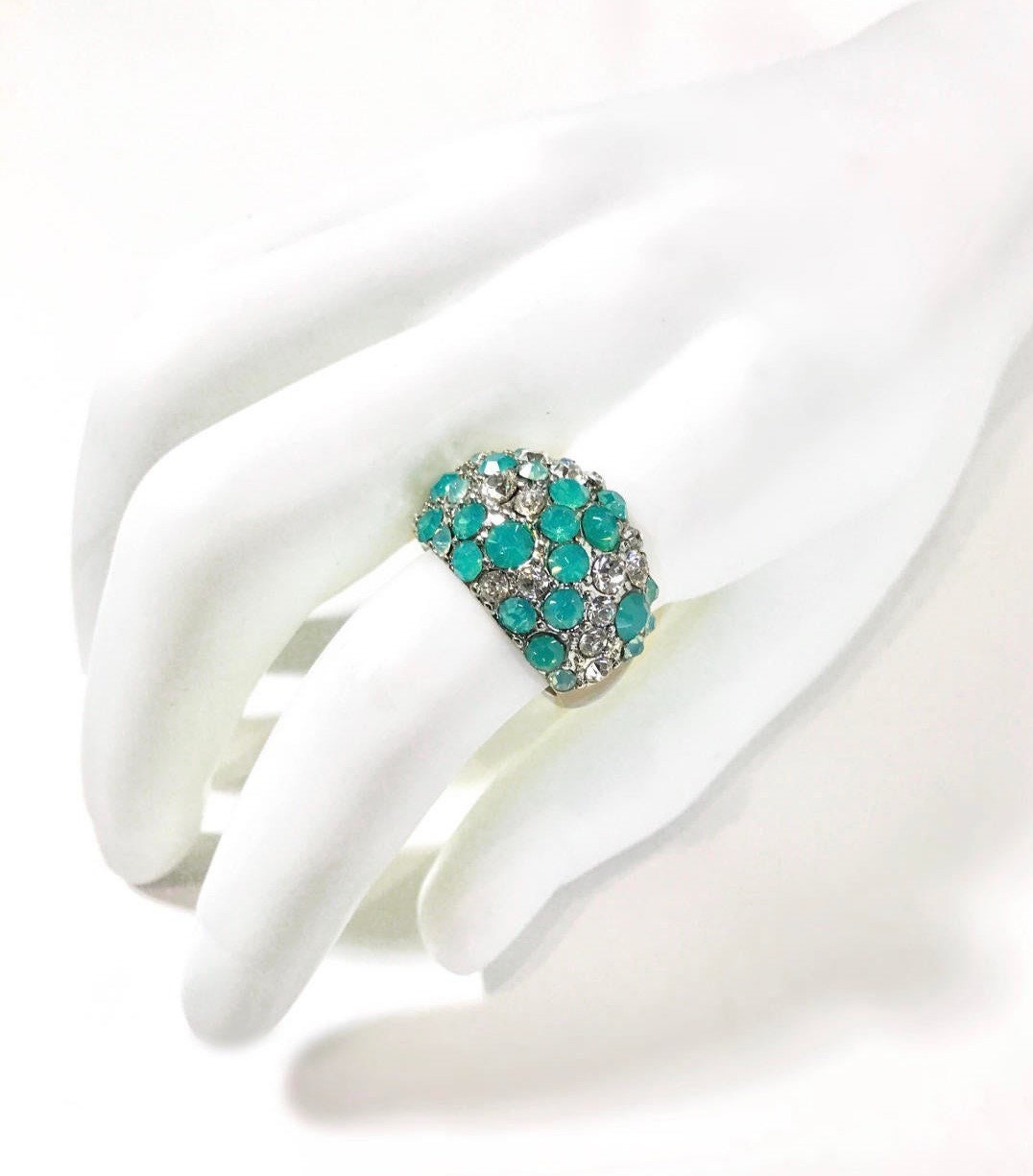 strass Verkrusteter Silberfarbener Ring Größe 9 Petrolblau von RinnovatoJewelry