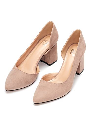 Rio Fiore Damen Pumps, Weiß/Schwarz/Beige/Taupe, 7 cm Blockabsatz, Pu-Leder, Wildlederimitat, D`Orsay Stil, Y9610-1H (Taupe, numeric_36) von Rio Fiore