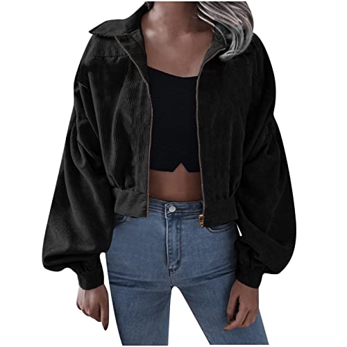 Damen Cordjacke Langarm Zip Up Shirt Jacke Mantel Einfarbig Jacken Übergangsjacke Damen Elegant Herbst Winter Frauen Freizeit Revers Hemdmantel Kurzmantel mit Laternenhülle von WELLDAY