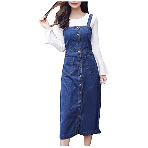 Damen Herbst Jeanskleid mit Riemen Casual Ärmellos Knöpfen Denim Kleider Lang Frauen Freizeitkleid Damenkleid mit Tasche von Rioge