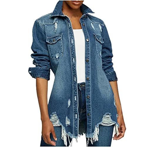 Damen Jeansjacke mit Rissen Jeans Denim Jacket Mode Lässig Einreiher Langarm Jeansjacke Oversize Denim Jacke mittlere Länge von Rioge