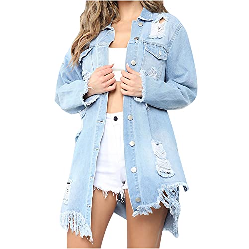 Damen Jeansjacke mit Rissen Jeans Denim Jacket Mode Lässig Einreiher Langarm Jeansjacke Oversize Denim Jacke mittlere Länge von WELLDAY