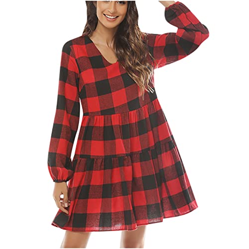 Damen Kleid Kariert, Mode Rüsche Keider Damen Elegant V-Ausschnitt Minikleid Frauen Plaid Kleid Damen Kurz Winter Pulloverkleid von Rioge