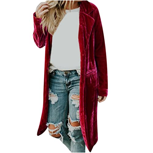 Damen Samtjacke Lang, Vintage Jacke Mantel Retro Velvet Mantel Langarm Cardigan Outwear mit Tasche Warm Winterjacke Übergangsjacke Damen Elegant von Rioge