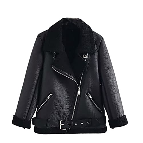 Damen Winter Fleece Lederjacke Winter Warm Fleedejacke Motorradjacke Frauen Mode Revers Plüsch Jacke Mantel mit Reißverschluss und Tasche Einfarbig Wintermantel Elegant Outwear von Rioge