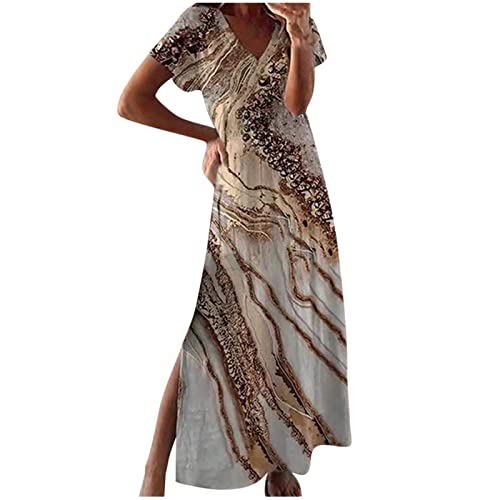 Rioge Boho Kleid Damen Lang, Vintage Sommerkleid Strandkleid Damen Lang Sommer V-Ausschnitt Kleid mit Schlitz Casual Kurzarm Kleider Damen Elegant Langes Sommerkleider Maxikleid Freizeitkleid von Rioge