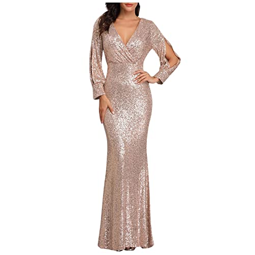 Rioge Damen Abendkleid Lang, V-Ausschnitt Glitzer Kleid Slim Cocktailkleid Partykleid Damen Langarm Pailettenkleider für Damen Festliche Kleider für Damen von Rioge