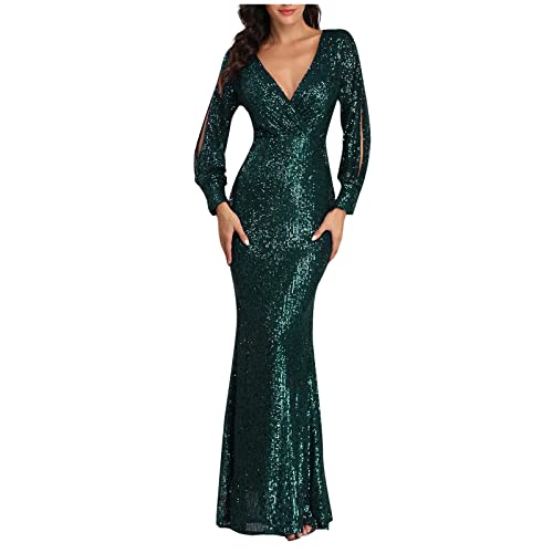 Rioge Damen Abendkleid Lang, V-Ausschnitt Glitzer Kleid Slim Cocktailkleid Partykleid Damen Langarm Pailettenkleider für Damen Festliche Kleider für Damen von Rioge