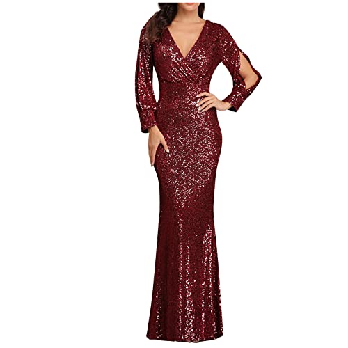 Rioge Damen Abendkleid Lang, V-Ausschnitt Glitzer Kleid Slim Cocktailkleid Partykleid Damen Langarm Pailettenkleider für Damen Festliche Kleider für Damen von Rioge