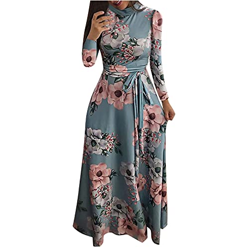 Rioge Damen Abendkleid Lang Vintage Blumendruck Maxikleid Elegant Damen Langarm Cocktailkleid Maxi Lange Kleid Frauen Herbstkleid Partykleid Kleider mit Gürtel von Rioge