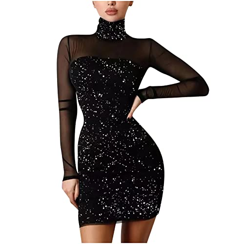 Rioge Damen Glitzer Kleid Sexy Enges Kleid Damen Kurz Minikleid Langarm Rollkragenkleid Partykleid Winter Abendkleid Ballkleid Damen Elegant, 00 # Schwarz, S von Rioge