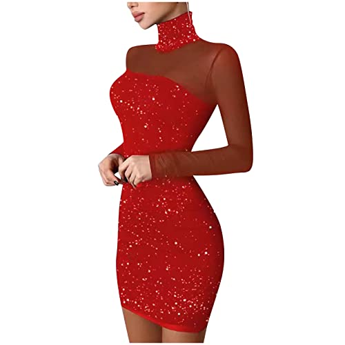 Rioge Damen Glitzer Kleid Sexy Enges Kleid Damen Kurz Minikleid Langarm Rollkragenkleid Partykleid Winter Abendkleid Ballkleid Damen Elegant von Rioge