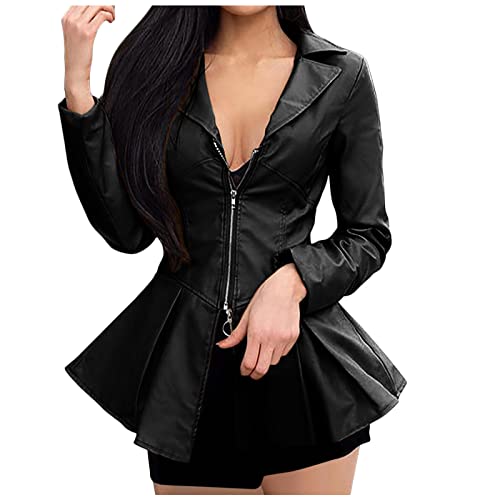 Rioge Damen Lederjacke Langarm Zip Up PU-Jacke Mantel Herbst Winter Frauen Freizeit Slim Jacket Motorradjacke Übergangsjacke Damen Elegant Outwear Damen-Jacken von WELLDAY