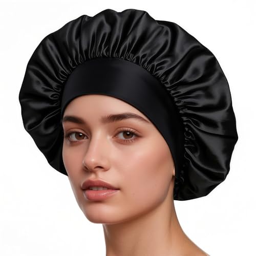 Schwarze Satin Schlafhaube Damen, Weiche Seidenhaube Zum Schlafen Mit Breitem Elastikband, Atmungsaktive Nachtmütze Für Lockiges Haar, Schlafhaube Haarpflege Schutz, Haube Für Frauen Und Mädchen von Rionavexa