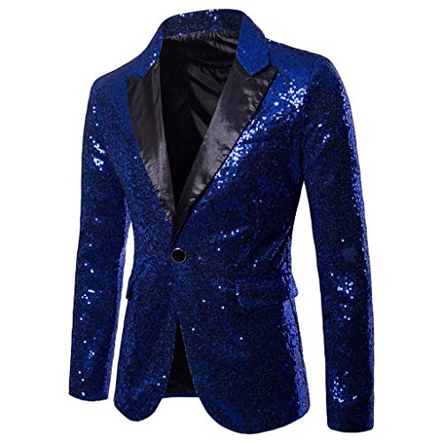 Riou Herren Pailletten Sakko Blazer Anzugjacke Slim Fit Glitzer Anzug Jacke Karneval Kostüm für Fasching Mottoparty (L, Blau) von Riou-Herrenjacke
