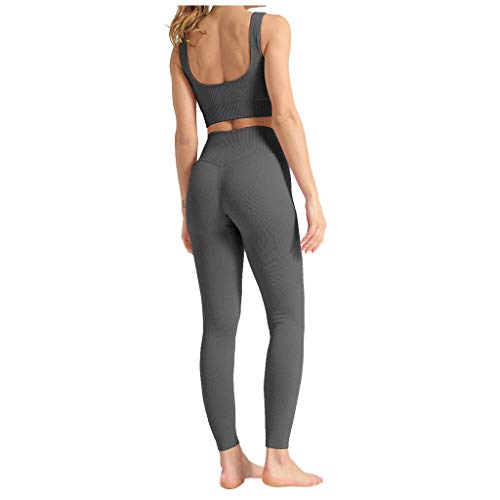 Damen Yoga Trainingsanzüge Sport Shirt Langarm Trainingshose Set Yoga Hosen Leggings Tights Shape Stretch Sporthose für Workout Gym Joggen Trainings Fitness Laufen Hosen riou Günstig (B-Grau, M) von Riou-Hosen