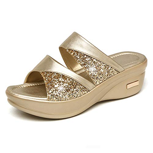 Riou Damen Pantoletten Keilabsatz Sandalen Sommer Elegant Gold Silber Glanz Hausschuhe von Riou-Sandals