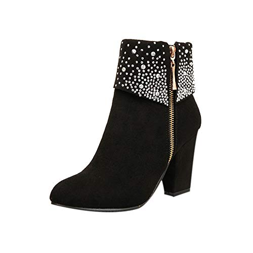 Riou Damen Strass mit Hohem Absatz Stiefeletten Runde Kappe Reißverschluss Herbst Winter Elegant Freizeit Ankle Arbeits Stiefel Winterstiefel Damenschuhe (42 EU, Schwarz) von Riou-Stiefel