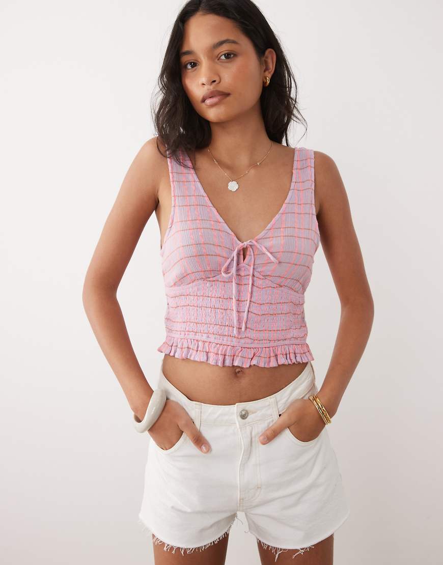 Ripcurl - Gesmoktes Strandoberteil in Rosa mit Vichy-Karomuster von Ripcurl