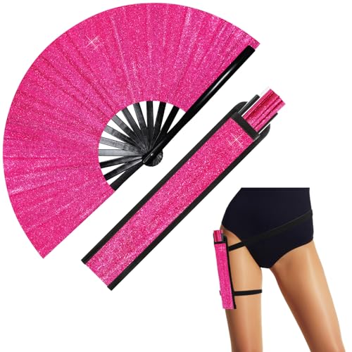 Ripeng 33 cm großer großer Rave-Handventilator Clack Rave Fan für Frauen mit Beinschlaufe und Stofftasche für Tanz, Edm, Knallpink (Hot Pink), Medium von Ripeng