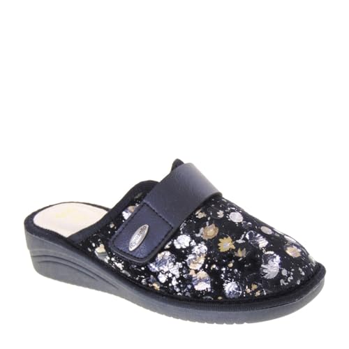 Riposella WB00BX Hausschuhe Haus Zimmer Damen Stern Tuch Keilabsatz 4 cm Gummisohle, Schwarz , 41 EU von Riposella