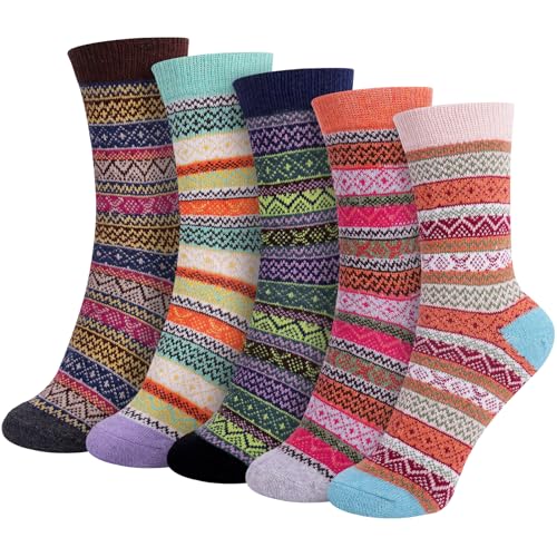 Riqiaqia 5 Paar Winter Merino Wool Socken Damen Warme Dicke Bunte Thermosocken Wollsocken Stricksocken Gemütlich und Atmungsaktive, Damen Geschenk Socken Einheitsgröße von Riqiaqia