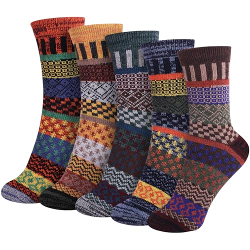 Riqiaqia 5 Paar Winter Merino Wool Socken Damen Warme Dicke Bunte Thermosocken Wollsocken Stricksocken Gemütlich und Atmungsaktive, Damen Geschenk Socken Einheitsgröße von Riqiaqia