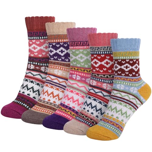 Riqiaqia 5 Paar Winter Merino Wool Socken Damen Warme Dicke Bunte Thermosocken Wollsocken Stricksocken Gemütlich und Atmungsaktive, Damen Geschenk Socken Einheitsgröße von Riqiaqia