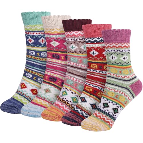Riqiaqia 5 Paar Winter Merino Wool Socken Damen Warme Dicke Bunte Thermosocken Wollsocken Stricksocken Gemütlich und Atmungsaktive, Damen Geschenk Socken Einheitsgröße von Riqiaqia
