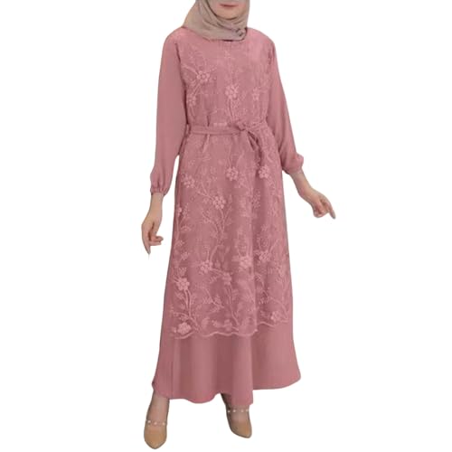 Damen Muslimisches Kleid Gebetskleid für Damen Muslimische Robe Langarm Einfarbig Gebet Abaya Kleid Islamischer Naher Osten Dubai Türkei Arabische Muslim Kaftan Kleid Für Ramadan (X12-Pink, L) von Risaho