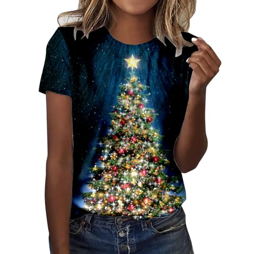 Damen Weihnachts Cartoon Drucken Oberteil Lässiges Weihnachtskleid Vintage Kostüm Langarm Tasche T-Shirt (X3-Dark Blue, L) von Risaho