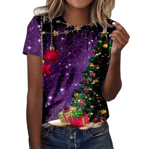 Damen Weihnachts Cartoon Drucken Oberteil Lässiges Weihnachtskleid Vintage Kostüm Langarm Tasche T-Shirt (X3-Green, L) von Risaho