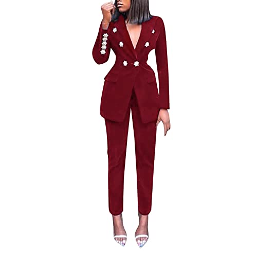 Hosenanzug Damen Elegant Anzug Set Business Blazer Hose 2 teilig Anzug Zweiteiler Karo Revers Einfarbig Slim Fit Büro Festlich Sportlich Streetwear Mit Taschen von Risaho