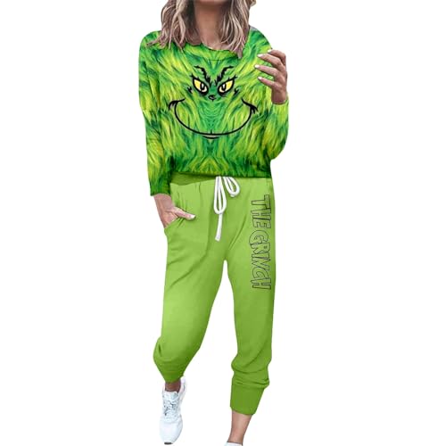 Jogginganzug Damen Grinch Trainingsanzüge Zweiteilige Hausanzug Lounge-Sets Freizeitanzug für Damen Sportanzug Sweatshirt Hosen Jogginganzüge für Frauen 2-teiliges Set Trainingshose mit Taschen von Risaho