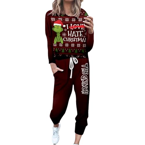 Jogginganzug Damen Grinch Trainingsanzüge Zweiteilige Hausanzug Lounge-Sets Freizeitanzug für Damen Sportanzug Sweatshirt Hosen Jogginganzüge für Frauen 2-teiliges Set Trainingshose mit Taschen von Risaho