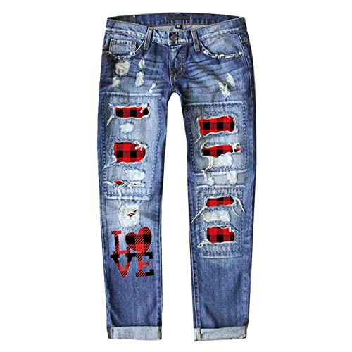 Risaho Damen Jeans, Lederhosen Herbst- und Sommer-Weihnachts-Jeans für Damen, Bedruckte, lochverdickte Hose Klamotten Für Teenager Mädchen Tumbler Straight Leg Jeans Damen Schlaghose (M9-Red, XL) von Risaho