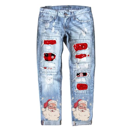 Risaho Damen Jeans, Lederhosen Herbst- und Sommer-Weihnachts-Jeans für Damen, Bedruckte, lochverdickte Hose Klamotten Für Teenager Mädchen Tumbler Straight Leg Jeans Damen Schlaghose Jeans von Risaho