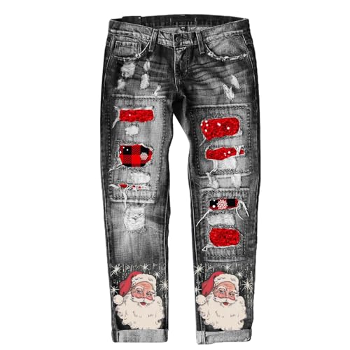 Risaho Damen Jeans, Lederhosen Herbst- und Sommer-Weihnachts-Jeans für Damen, Bedruckte, lochverdickte Hose Klamotten Für Teenager Mädchen Tumbler Straight Leg Jeans Damen Schlaghose Jeans von Risaho