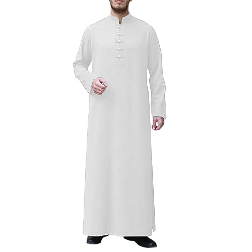 Risaho Herren Kaftan Thobe Langarm Roben mit Stehkragen Muslimisches Kleid Kaftan Gewand Arabisch Gebet Eid Kleidung (Z9-White, XL) von Risaho