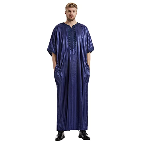 Risaho Kaftan Herren Abaya Muslimische Arabische Islamische Kleidung Lange Ärmel V-Ausschnitt Streifen Print Lose Lang Thobe (W15-BU1, XL) von Risaho