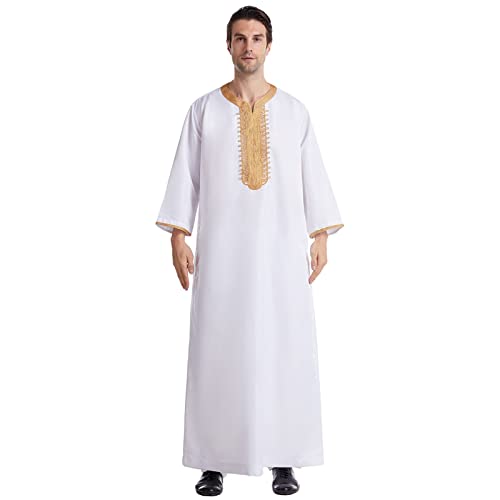 Risaho Kaftan Herren Nachthemd Kurzarm Kaftan Herren Baumwolle Leinen Robes V-Ausschnitt Nachtwäsche Mit Taschen Herrenhemd (510-White, M) von Risaho