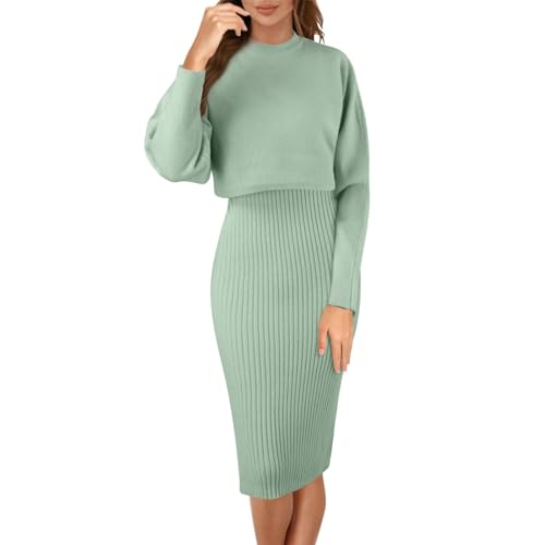 Risaho Kleid Herbst Damen Strickkleid Zweiteiliger Anzug Pullover Oberteil und Kleid Bodycon 2 Stück Set Sweater Midikleid Pullikleid Gestrickt Kleid Set (W1-Green, One Size) von Risaho