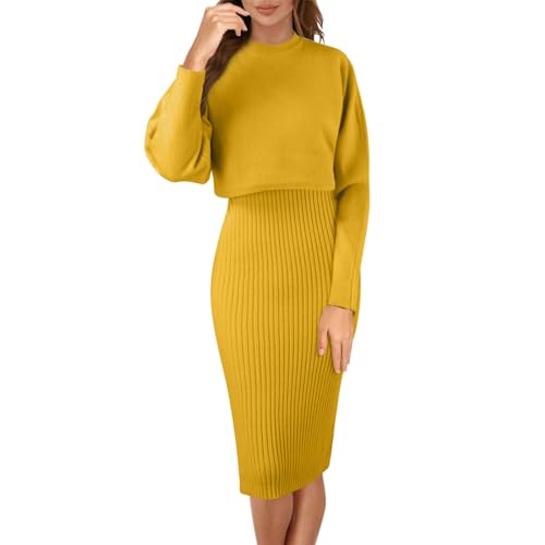 Risaho Kleid Herbst Damen Strickkleid Zweiteiliger Anzug Pullover Oberteil und Kleid Bodycon 2 Stück Set Sweater Midikleid Pullikleid Gestrickt Kleid Set (W1-Yellow, One Size) von Risaho