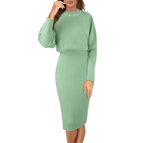 Risaho Kleid Herbst Damen Strickkleid Zweiteiliger Anzug Pullover Oberteil und Kleid Bodycon 2 Stück Set Sweater Midikleid Pullikleid Gestrickt Kleid Set (W3-Green, One Size) von Risaho