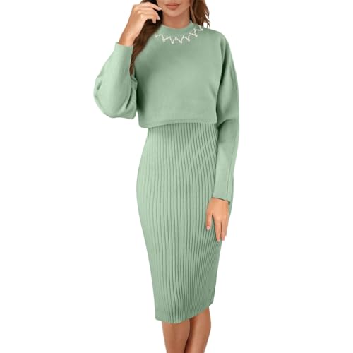 Risaho Kleid Herbst Damen Strickkleid Zweiteiliger Anzug Pullover Oberteil und Kleid Bodycon 2 Stück Set Sweater Midikleid Pullikleid Gestrickt Kleid Set (W5-Green, One Size) von Risaho