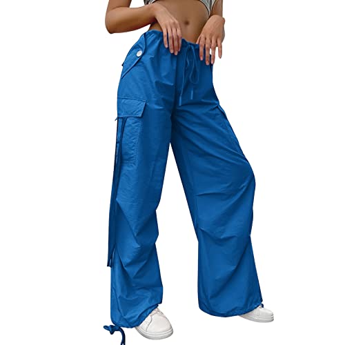 Risaho Y2k Pants Fallschirmhosen Teenager Baggy Cargohose Damen Weites Bein Track Pants Vintage Baggy Hosen für Frauen Streetwear Elastische Taille Parachute Pants (09-Blue, M) von Risaho